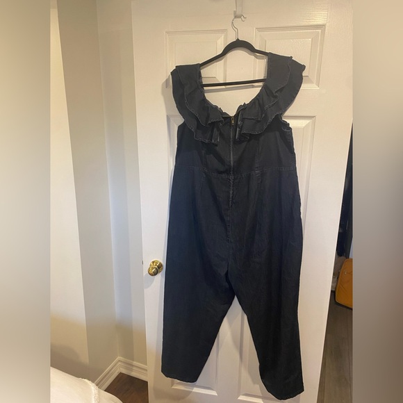 Ashley Stewart Plus Ruffle Off-Shoulder Sleeve Denim Jumpsuit Size 26 - Picture 8 of 11